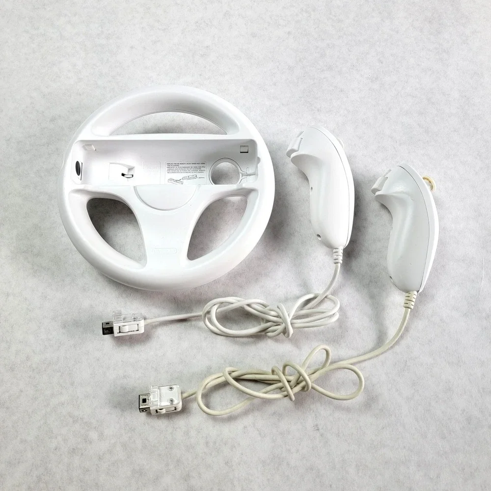 Nintendo Wii Accessory Bundle White Wii Wheel RVL-024 and 2 Nunchucks RVL-004